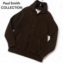 美麗品◎Lサイズ ポールスミス【幻のレザーステッチ】Paul Smith COLLECTION ショールカラー ニット ジャケット ブラウン◎メンズ_画像1