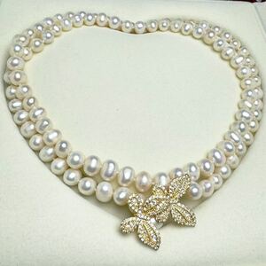 蝶々デザイン本真珠ネックレス9mm 85cm 天然Pearl necklace パールネックレス