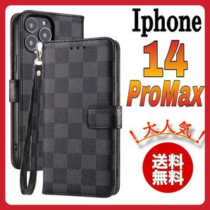 手帳型 iPhone 14ProMaxケース　黒ブラック　チェック柄　PUレザー　高級感 耐衝撃 カード収納 おしゃれ アイホン14プロマックスカバー
