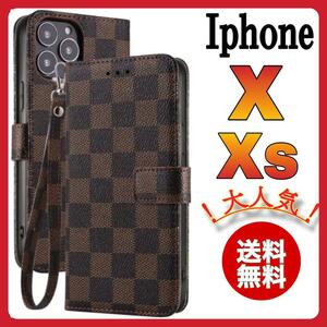 手帳型 iPhoneX iPhoneXSケース　茶ブラウン チェック柄　PUレザー　高級感　大人気　アイホンX アイホンXsカバー