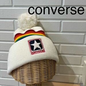 converse コンバース ニット帽 帽子 ビーニー ワッチ キャップ ポンポン ボーダー レトロ ホワイト 刺繍ロゴ 玉mc2443