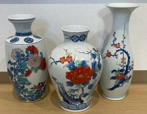 格安!! 99円スタート!! 色鍋島 陶器 まとめ 花瓶 花器 花入 飾り壺 鍋島焼 色鍋島 和泉 作 今泉今右衛門作 色絵錦菊絵 他