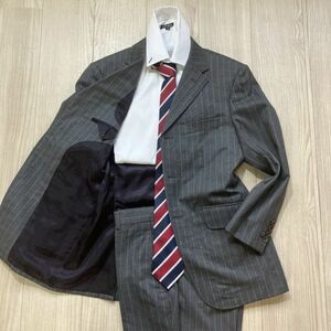 【3点セット】 TAKEO KIKUCHI タケオキクチ【大人の雰囲気】スーツ Mサイズ程度 セットアップ ウール グレー ストライプ メンズ
