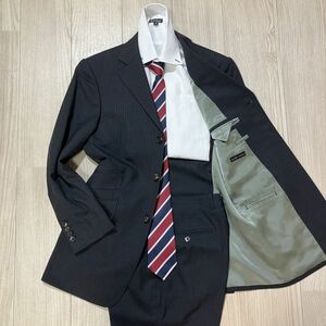 希少!! azabu tailor　麻布テーラー × イギリス製生地　38（M程度） グレー　ストライプ ウール セットアップ　スーツ　メンズ