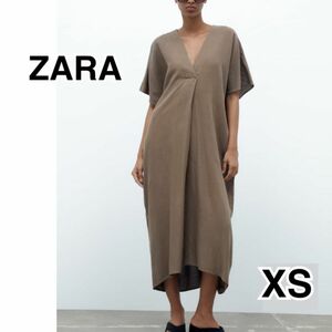 ZARA ザラ　リネンブレンドチュニックワンピースプリーツ付きチュニックドレス