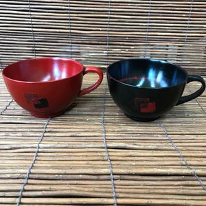 ペア手付き汁椀　コーヒーカップ　布貼り　根来　曙 スープカップ漆 マグカップ