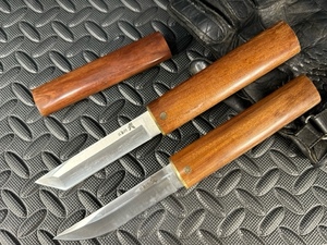 2刃木鞘ナイフ 鋼刃 和式小刀 伝統工芸 日本刀型 キャンプ アウトドア 釣り 野営 登山 全長約４０ｃｍ（鞘含む）