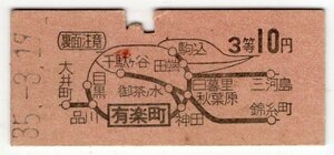 硬券　国鉄　地図式　乗車券　有楽町から　3等　10円　35.3.19