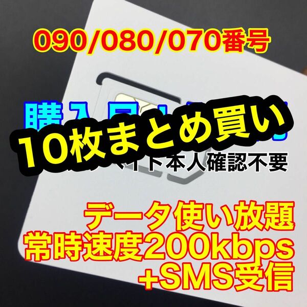 10枚セット　プリペイドSIMカード データ使い放題 SMS受信 通信速度200kbps