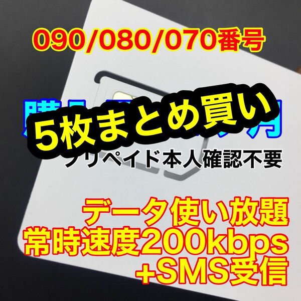 5枚セット　プリペイドSIMカード データ使い放題 SMS受信 通信速度200kbps