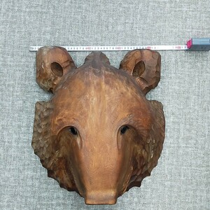 す978 木彫り 熊 クマの顔 頭在銘 国峰作 大型約41cm×45cm 北海道白老土産 壁掛け オブジェ 雑貨 インテリア アンティーク調 伝統工芸