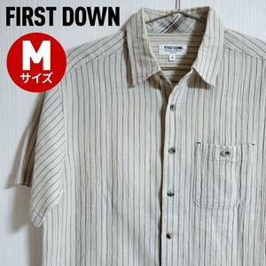 FIRST DOWN ファーストダウン 半袖 シャツ メンズ ストライプ ベージュ系 古着 レトロ サイズM【k45】