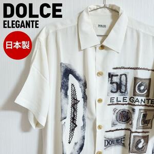 DOLCE ELEGANTE ドルチェ エレガント 半袖 シャツ 日本製 柄 古着 レトロ ホワイト系 メンズ【k63】
