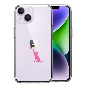 iPhone14Plus ケース クリア 猫 CAT ねこ にゃんこ 蝶々 ピンク スマホケース 側面ソフト 背面ハード ハイブリッド