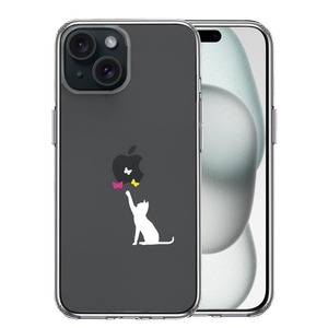 iPhone15Plus ケース クリア 猫 CAT ねこ 蝶々 ホワイト スマホケース 側面ソフト 背面ハード ハイブリッド