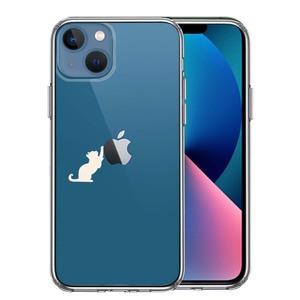 iPhone13mini ケース クリア 猫 リンゴ キャッチ ホワイト スマホケース 側面ソフト 背面ハード ハイブリッド