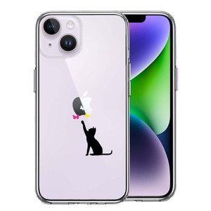 iPhone14 ケース クリア 猫 CAT ねこ 蝶々 ブラック スマホケース 側面ソフト 背面ハード ハイブリッド