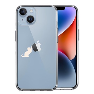 iPhone14 ケース クリア 猫 リンゴ キャッチ ホワイト スマホケース 側面ソフト 背面ハード ハイブリッド