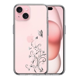 iPhone15Plus ケース クリア フローラル ＆ バタフライ (グレー) スマホケース 側面ソフト 背面ハード ハイブリッド