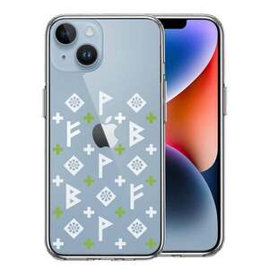 iPhone14Plus ケース クリア ルーン 文字 緑 スマホケース 側面ソフト 背面ハード ハイブリッド