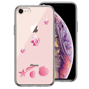 iPhone7 iPhone8 ケース クリア 夏 熱帯魚 と 貝 ピンク スマホケース 側面ソフト 背面ハード ハイブリッド