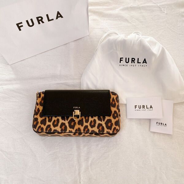 FURLA フルラ ウォレット ショルダー バッグ レザー レオパ 豹柄 新品 購入証明、保存袋あり