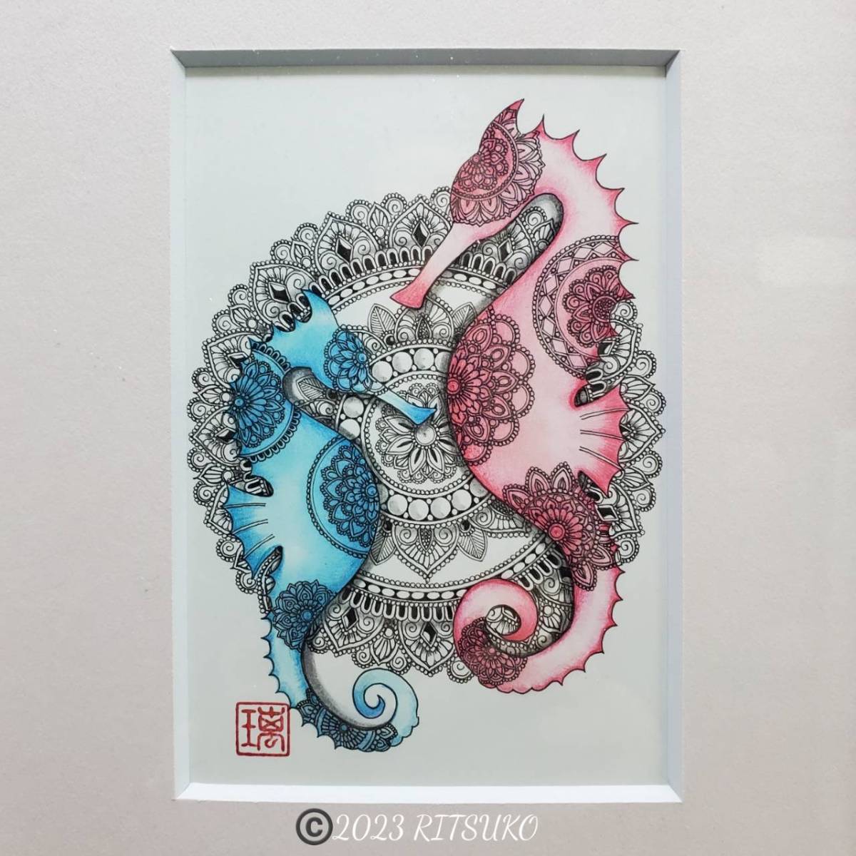 Original one-of-a-kind seahorse framed ballpoint pen drawing Japanese artist colored pencil drawing painting picture framed art interior modern art zodiac dragon, artwork, painting, others