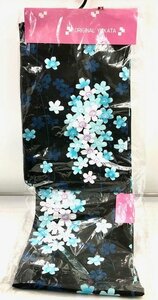 【1円スタート】オリジナル浴衣　黒　水色　花柄　花模様　綿100％　身丈163㎝