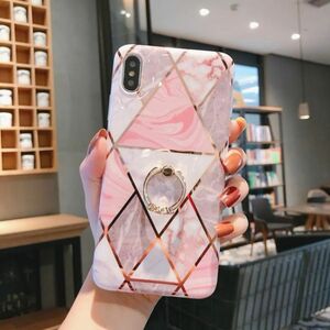 iPhone13ケース 大理石 ピンク かわいい リング付き 韓国 幾何学模様 おしゃれ 落下防止 レディース iPhoneケース