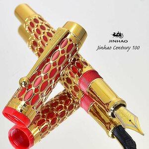◆●万年筆【JINHAO】 Century100 金属とアクリルの融合 両用式 透かし万年筆 EF レッド 赤軸 レッド×ゴールド 新品 1円～/JH145RD