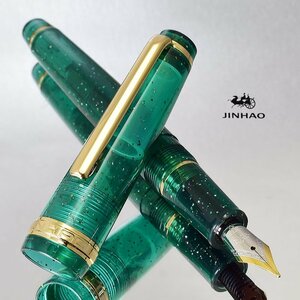 ◆●【JINHAO/ジンハオ】アクリル万年筆 トランスルーセント 半透明 グリーン ラメ ゴールドトリム Ｍ 中字 両用式 新品 単品発送/JH147GR*