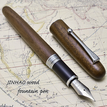 ◆●【JINHAO/ジンハオ 金豪】9035 木軸 ウッド 万年筆 ダークブラウン 優しい手触り 木目 茶色 大型18KGP M 中字 両用式 1円～ 新品/JH21_画像1