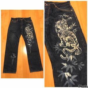 良品☆OLD Levi's/リーバイス501-0000 W36 希少抜染.虎&笹和柄入 インディゴデニムジーンズ Rタブ.ティアオフタグ付&股下長め！USA古着2004