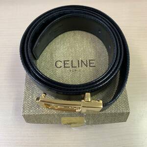 【TM0123】美品 Celine セリーヌ ベルト 馬車金具 黒 ブラック ゴールドカラー バックル 全長約120cm ブランド ファッション 