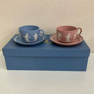 【S0130】ウェッジウッド WEDGWOOD ジャスパー ペールブルー ソーサー カップ ティーカップ ブルー ピンク 洋食器 2客 食器 陶器 