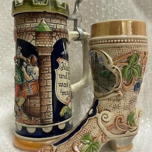 GERZ ゲルツ社 陶器製 ビアジョッキ 2個セット [ 陶器蓋付き + ブーツ型 ] 西ドイツ製 W.GERMANY ビールジョッキ ハンドメイド ■ 松607の画像1