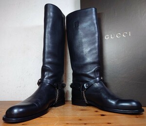 【極美品】ITALY製 GUCCI/グッチ ホースビット ハーネス ジョッキーブーツ Mens 42 26.5-27cm相応 ブラック 黒 ロング