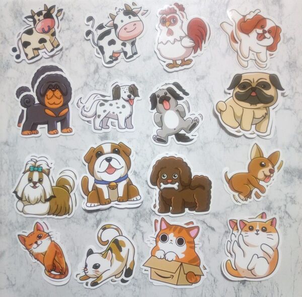 美品☆動物 犬 猫 ステッカー シール 16種 各2枚ずつ 計32枚