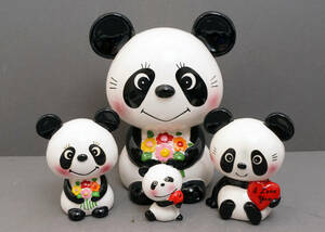  Showa Retro RUNE Panda inside wistaria Rene ceramics made savings box * ornament 4 point together 