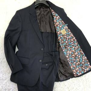 【美品】希少XLポールスミス×CARLOBARBER生地 SOHO FIT 高級シルク 花柄裏地 ネイビー ストライプ スーツ 100-88-175 Paul Smith