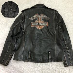 希少 HARLEYDAVIDSON ハーレーダビッドソン レザー ライダースジャケット ダブルライダース 黒 ブラック 牛革 革ジャン バックプリント