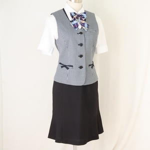 9号 SERELY チェック柄 中古◆ OL制服 / 事務服 ◆ ベスト,スカート(お任せ) セット,中古ブラウス,新品リボンのオマケ付