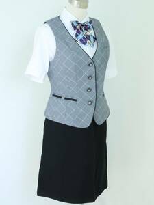 09号 ENJOY エンジョイ グレー　チェック 事務 中古◆OL制服 / 事務服 ◆ ベスト,スカート 上下セット,中古ブラウス,新品リボンのオマケ付