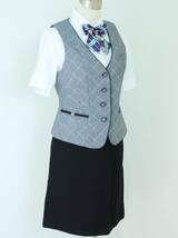 11号 ENJOY エンジョイ グレー チェック 事務 中古◆OL制服 / 事務服 ◆ ベスト,スカート 上下セット,中古ブラウス,新品リボンのオマケ付_画像1