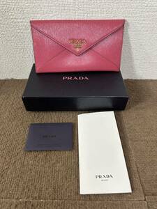 【中古品】PRADA プラダ レザー エンベロープ 長財布 ウォレット 小銭入れ カード入れ ピンク 元箱付き