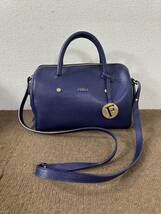 【中古品】FURLA フルラ レザー 2WAY バッグ ハンドバッグ ショルダー ネイビー レディース ミニボストン 193569_画像1