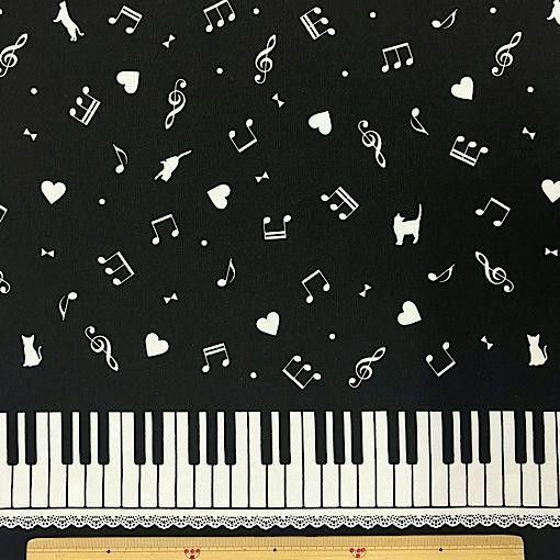 黒　ブラック　ピアノ　ハート　鍵盤　音符　猫　ねこ　レース　生地