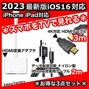 3点 iphone ipad HDMI 変換アダプタ 3m ケーブル HDMIケーブル ＊ スマホ テレビ プロジェクター モニター TV 接続 HDMIケーブル