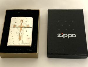 Zippo ジッポー ゴールドとシルバーの十字架 のデザイン [裏面　ネーム有]【ほぼ未使用・中古良品】 