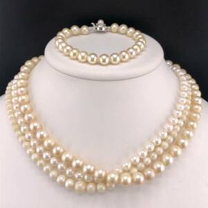 P01-0045 4点SET☆天然パールネックレス&ブレスレット 総重量 100g ( 天然 Pearl necklace bracelet SILVER accessory )